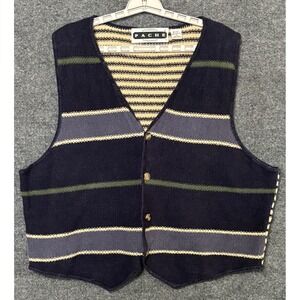 VTG‎ PACHE Striped Knit Vest Women's XL Navy Blue Cream Green Gray Button Front